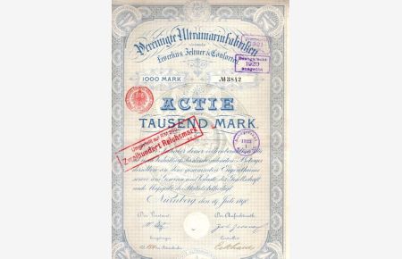1000 Mark Actie der Vereinigte Ultramarin Fabriken. Nr 3842 - Fol. 154 des Actienbuches.   - Mit Bezugsrecht-Stempel von 1920 und 1923.