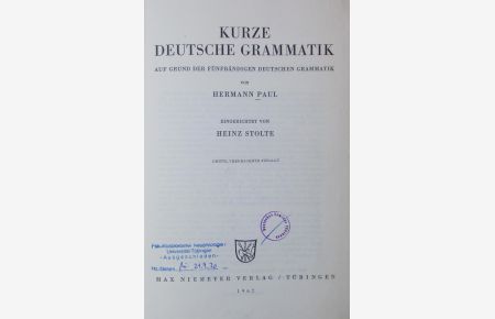 Kurze deutsche Grammatik.   - Auf Grund der fünfbändigen deutschen Grammatik.