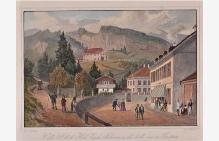 Villa Sr. K. k. Hoh. Erzh. Johann u. die belle vue in Gastein (Badgastein). Kolorierter Stahlstich v. W. Knocke nach F. Würthle, um 1850.