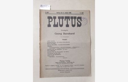 Plutus. Kritische Zeitschrift für Volkswirtschaft und Finanzwesen, 5. Jahr, Heft 2, Berlin den 11. Januar 1908.