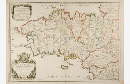La Bretagne diviseé en ses neuf Eveschés qui font aussi l`estendue des recepts de la Genralité de Nantes.