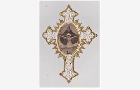 Sonntagberger Gnadenbild mit Darstellung d. Heil. Dreifaltigkeit. Geprägtes Papierspitzenbild in Form eines Kreuzes.