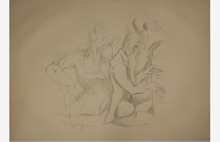 Makabrer Tanz mit Mann am Klavier Aquarellierte Lithographie. Links unten mit Bleistift signiert.