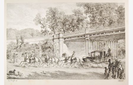 Praterfahrt von Franz Karl, Erzherzog von Österreich. Der betagte Erzherzog grüßt Spaziergänger aus seiner sechsspännigen Kutsche, links drei Hunde. im Hintergrund ein prächtiger Brückenbau.