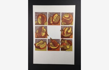 Original Vierfarben-Linolschnitt. Apfelscheiben. Signiert. 1994  - Kunstdruckpapier, Blattgröße 30 x 21 cm