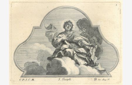 S. Joseph. Der Mann Mariens in Ganzfigur auf einer Wolke sitzend mit einem Lilienzweig in der Hand. An seiner Seite ein geflügelter Engelskopf. Mit geschwungener Umrahmung.