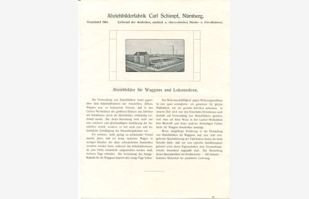 Abziehbilderfabrik Carl Schimpf, Nürnberg- Firmenwerbung 1911.   - Abziehbilder für Waggons und Lokomotiven.