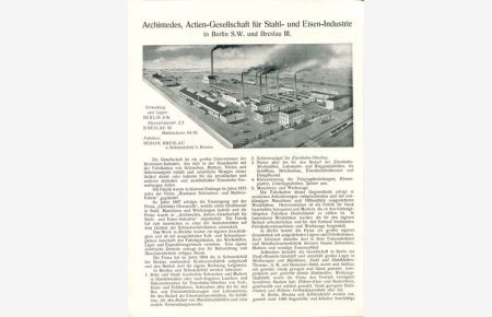 Archimedes - Actien-Gesellschaft für Stahl- und Eisen-Industrie in Berlin und Breslau - Firmenwerbung 1911.