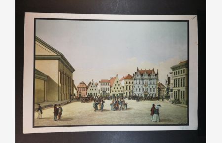 Alter Farbdruck. Der Oldenburger Marktplatz mit Renaissance-Rathaus.