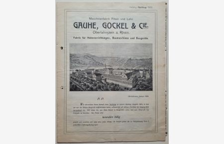 Maschinenfabrik Rhein und Lahn: Gauhe, Gockel & Cie. , Oberlahnstein a. Rhein. Katalog-Nachtrag 1906.   - Fabrik für Hebevorrichtungen, Baumaschinen und Baugeräte.
