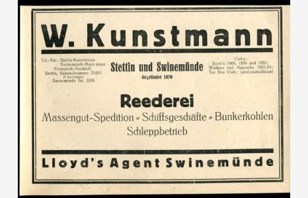 W. Kunstmann, Reederei, Stettin und Swinemünde - Werbeanzeige 1928.
