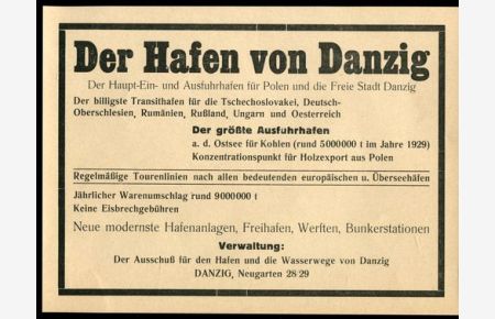 Ausschuß für den Hafen und die Wasserwege von Danzig, Danzig - Werbeanzeige 1930.   - Der Hafen von Danzig - Der Haupt-Ein- und Ausfuhrhafen für Polen und die freie Stadt Danzig.