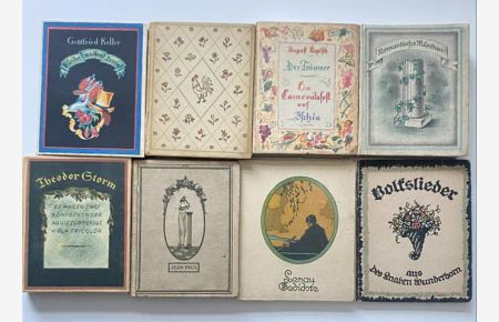 Sammlung von 8 reizend illustrierter, kleinformatiger Bände deutscher Klassiker aus den 20er Jahren. 7 Bände mit zahlreichen farbigen Original-Lithographien, 1 Band mit Orig. -Holzschnitten.
