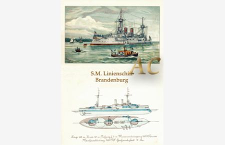 SMS Linienschiff Brandenburg Seefahrt Marine Kriegsschiff Schiff Dampfschiff , Repro auf Fineartpapier ,   - nach einer Chromolithographie von 1890