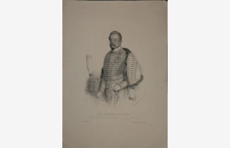 Portrait. Kniestück, stehend in Uniform nach halblinks. Lithographie von August Prinzhofer.