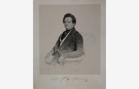 Portrait. Halbfigur nach links, in einem Sessel sitzend. Lithographie von August Prinzhofer.