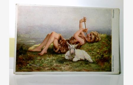 Nostalgie / Vintage. Hirtenglück. Alte Ansichtskarte / Postkarte farbig von Prof. Alfred Schwarz, gel. 1932. Junge liegt Flöte spielend im Gras, Zicklein vor ihm. Primus No. 5231.