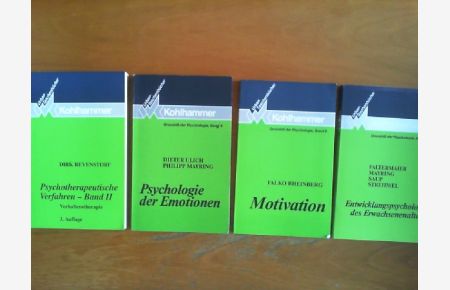 1) Dirk Revenstorf: Psychotherapeutische Verfahren - Band II: Verhaltenstherapie. 2) Grundriss der Psychologie in 21 Bänden. Band 5: Dieter Ulich und Philipp Mayring: Psychologie der Emotionen. Band 6: Falko Rheinberg: Motivation. Band 14: Toni Faltermaier u. a. : Entwicklungspsychologie des Erwachsenenalters. Zusammen 4 Taschenbücher.   - Urban-Taschenbücher 341, 554, 555, 563.