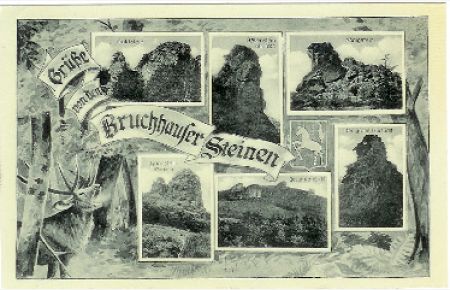 Grüße von den Bruchhauser Steinen.   - Ansichtskarte mit 6 Bildern: Goldstein; Ravenstein 61 m hoch; Königstein; Bornstein 87 m hoch; Gesamtansicht; der große Kurfürst.