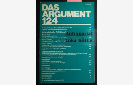 Das Argument : 124 - Zeitschrift für Philosophie und Sozialwissenschaften -  - Materialistische Politiktheorie - 22. Jahrgang Nov./Dez. 1980 -