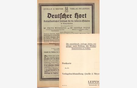 Werbebroschüre/Verlagsinformation Quelle & Meyer Verlag Leipzig : Deutscher Hort. Kulturkundliches Lesebuch für die höheren Schulen in Einzelheften.