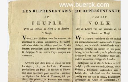 Les Représentans du Peuple Près les Armées du Nord & de Sambre & Meuse. Einblattdruck einer Verlautbarung [Text Französisch und Flämisch].