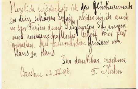 Schriftsteller (1834-1912): Eigenh. Postkarte. Breslau, 12. III. (18)98. 1 S.