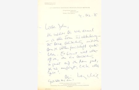 Schriftsteller, Verleger u. Publizist (1896-1988): Eigenh. Brief mit U. auf Briefpapier des P. E. N. - Zentrum der DDR, deren Ehrenpräsident er (neben Ludwig Renn) war. 4. XII. (19)75. 4°. 1 S.