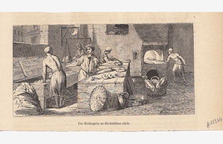 Zeigt Bäcker in einer südländischen Stadt beim Backen des Brotes. Holzstich aus einer Zeitschrift = rückseitig mit Text, 7, 5 x 15 cm, ca. 1840.