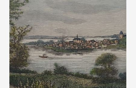 Ansicht der Stadt Ratzeburg. Kolor. Holzstich um 1880. Von Brudisi. 10 x 18, 5 cm. Unter Passepartout.