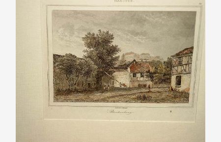Blankenburg. Ansicht der Burg mit Gehöften im Vordergrund. Altkolorierter Stahlstich von Lemaitre um 1850 ( beiliegend: Unkolorierte Dublette )