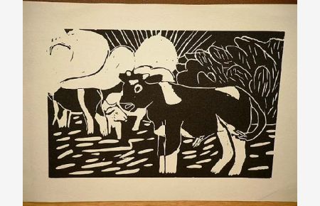 Kühe: Linolschnitt - um 1950.