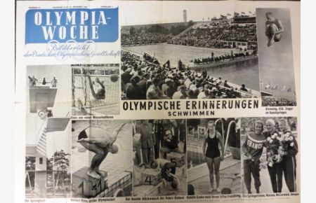 (Olympiade 1952) OLYMPISCHE ERINNERUNGEN Schwimmen - Bildbericht der Deutschen Olymp. Gesellschaft. Aushangplakat aus Nummer 49 vom 26. September 1952.   - Mehrfach gefaltetes Plakat mit zahlreichen Einrissen (50x70 cm).