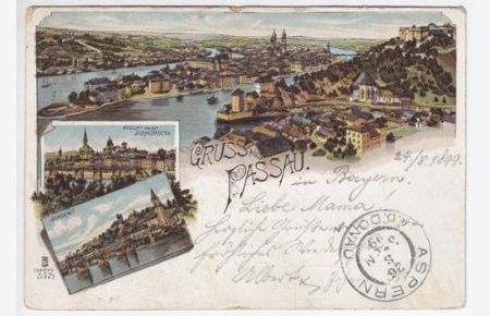Gruss aus Passau. Ansicht von der Donaubrücke. Innstadt.