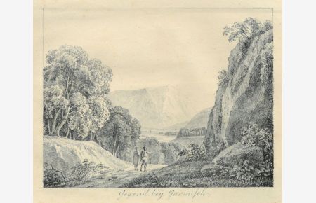 Gegend bey Garmisch. Dekorative Landschaftsdarstellung, im Vordergrund zwei Wanderer auf einem Waldweg, im Hintergrund Bergmassiv.