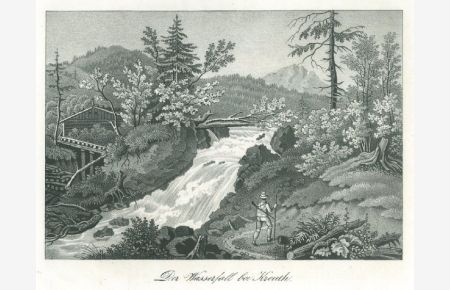 Der Wasserfall bei Kreuth, im Vordergrund ein Jäger.