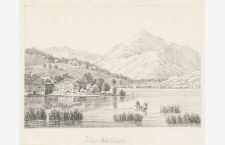 Blick über den See auf Bergmassiv, links am Ufer Fischerhäuser.