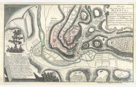 Schlachtenplan vom 11. Sept. 1759, mit Grundrißplan von Marburg.