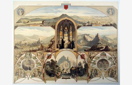 Bilder aus Eifel und Ahrtal mit drei Ansichten von Ahrweiler, Ahrtal und Altenahr, umgeben von historischen Szenen, Porträts und Wappen.
