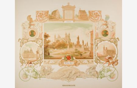 Wonnegau. Gesamtansicht von Worms, umgeben von vier Teilansichten, historischen Szenen und Porträtmedaillons. In reicher floraler und ornamentaler Umrandung.