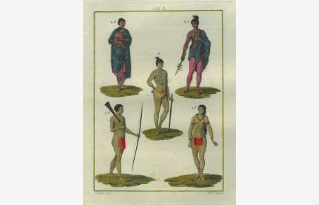 Fünf Darstellungen von Ureinwohnern Amerikas auf einem Blatt: Mann und Frau aus der Karibik und aus Kanada, Mann aus Florida.