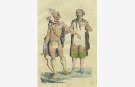 Indianerehepaar, er mit Kriegsbemalung, Federschopf, Tomahawk, Pfeil und Bogen.