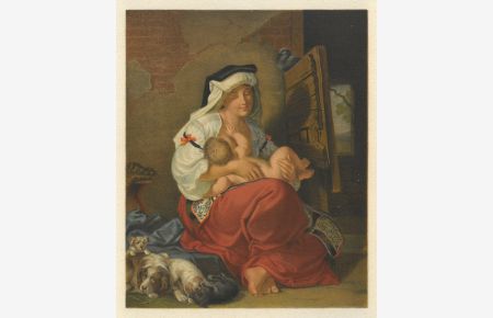 Italienerin. Frau in der farbigen Tracht der Campagna bei Rom, mit ihrem Kind an der Brust.