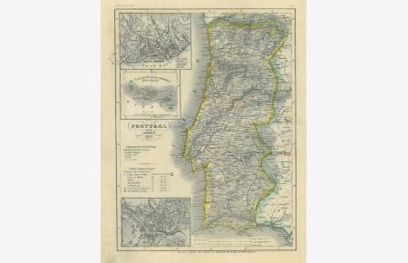 Portugal und die Azoren 1849, mit 3 Nebenkarten: Lissabon, Porto, Azoren.