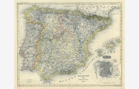 Spanien und Portugal 1849 mit kleinem Plan von Madrid.
