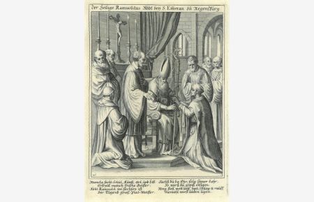 Der heilige Ramuoldus Abbt bey S. Emmeran zu Regenspurg. Der hl. Bischof Wolfgang übergibt dem neuen Abt von St. Emmeram, Ramuold, den Abtsstab, dazu mehrere Mönche.