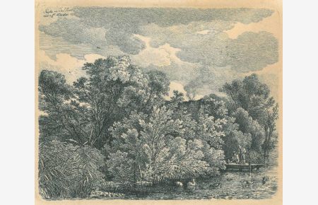 Partie an der Isar. Blick vom Fluß auf Schilf, Ufergebüsch und hohe Bäume, vorne Schwäne und Enten, auf einem Steg zwei Angler, dahinter das Dach eines strohgedeckten Hauses.
