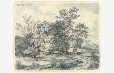 Partie unweit Fürstenfeldbruck. Ansicht mit Weiher, an dem eine Frau wäscht, dahinter Laubbäume und Sträucher, rechts Bauernpaar mit Schubkarre, im Hintergrund ein Ort mit Kirche.