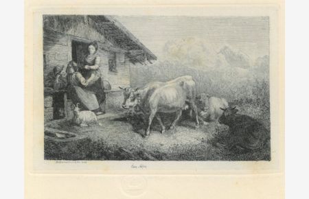 Eine Alpe. Sennerin unterm Eingang einer Almhütte im Gespräch mit zwei Bauersfrauen, daneben eine liegende Ziege, rechts eine stehende und zwei liegende Kühe, dahinter Aussicht ins Gebirge.