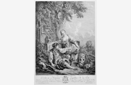 L`Obèissance rècompensée. Szene an einem Brunnen: Sitzender junger Bursche reicht dem Hündchen seiner Geliebten ein Stück Zucker.